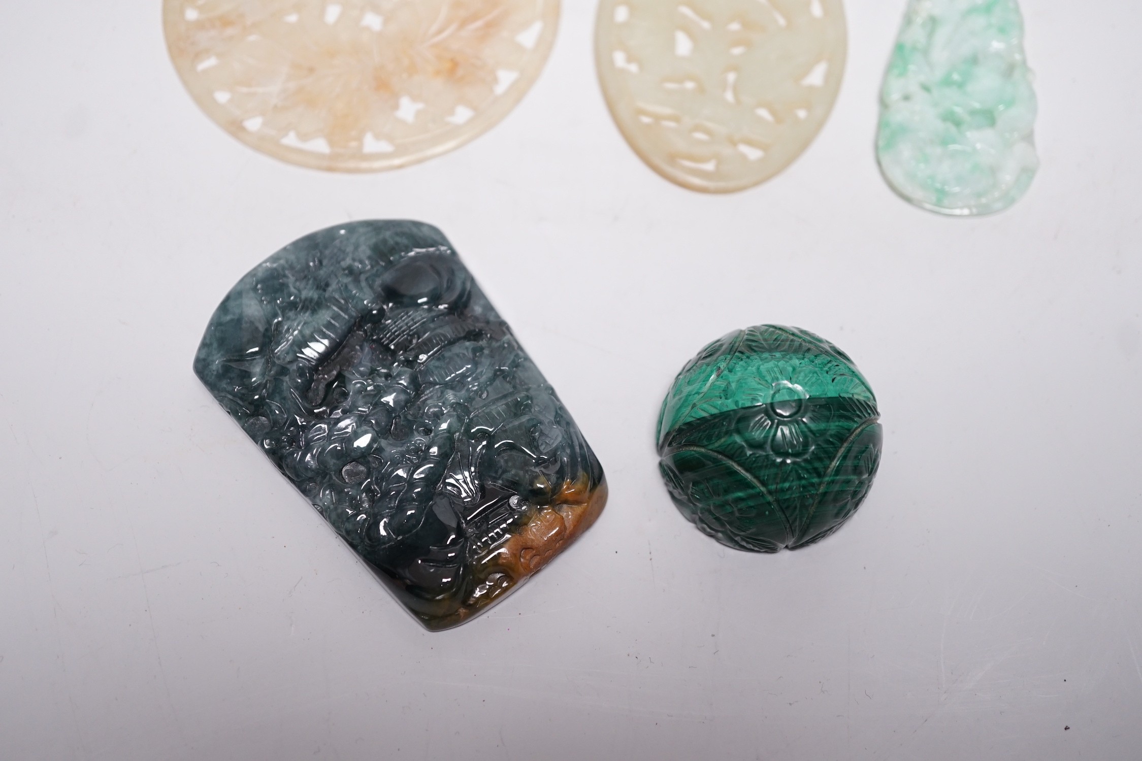 Two Chinese jadeite carvings, two pierce hardstone plaques and a malachite carving (5)